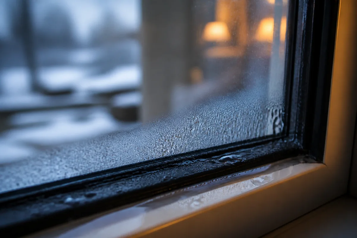 Fenêtre double vitrage couverte de condensation en partie basse du verre, vue depuis une pièce chauffée