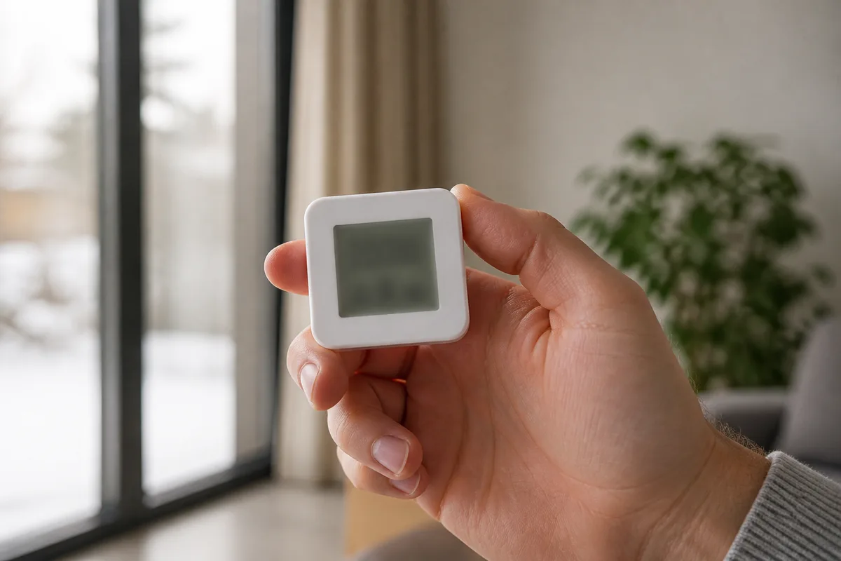 Main tenant un hygrometre numerique devant une baie vitree dans un salon en hiver