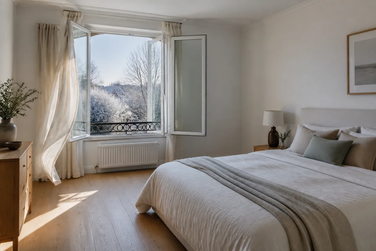 Fenetre grande ouverte sur une chambre claire pendant une aeration matinale en hiver