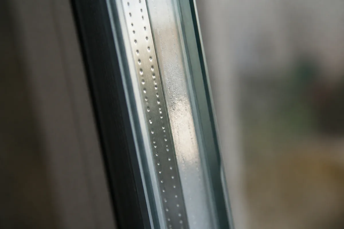 Bord d un double vitrage embue montrant l intercalaire metallique et le joint peripherique
