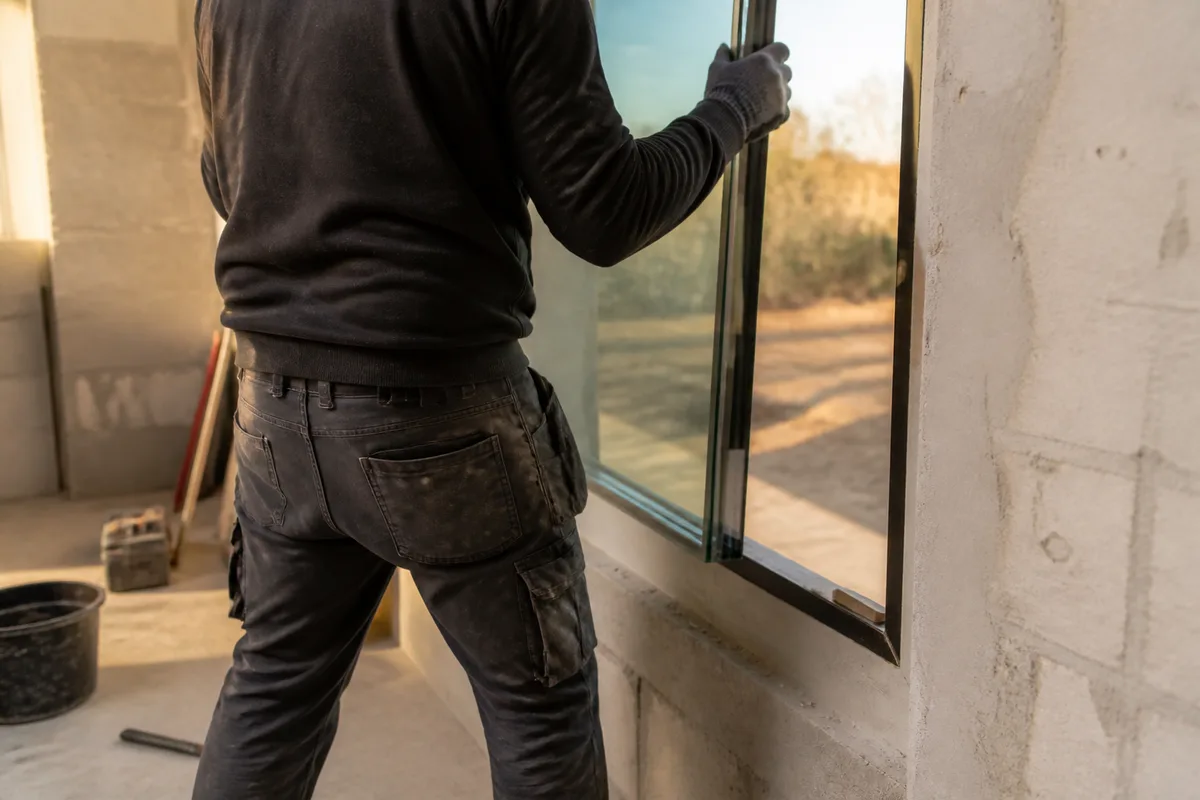 Menuisier vérifiant l’aplomb et le poids d’un ouvrant vitré épais sur un chantier de construction neuve