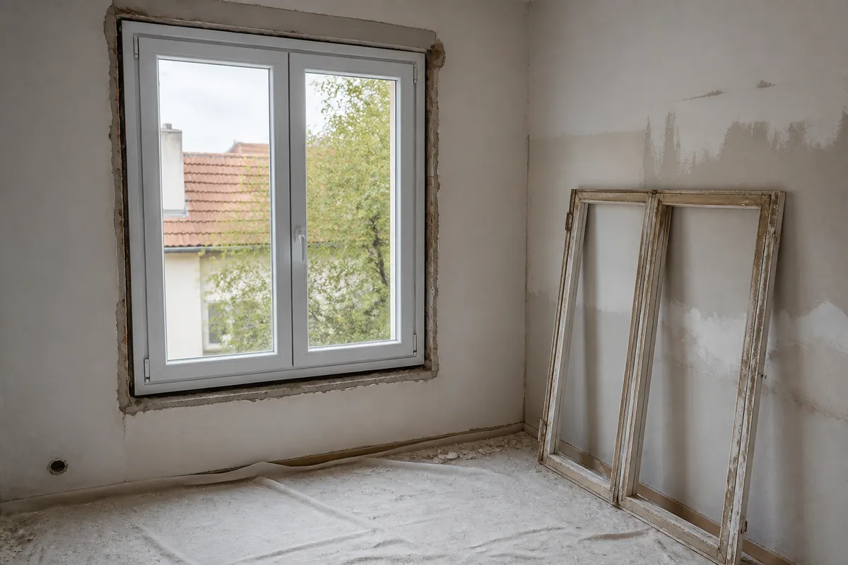 Ancienne fenêtre déposée et nouvelle menuiserie posée en attente de calfeutrement dans un logement en rénovation