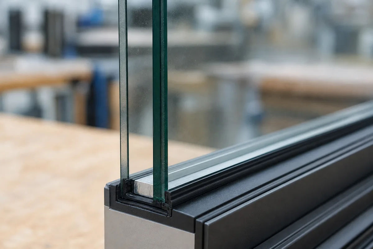 Détail d&rsquo;un vitrage feuilleté acoustique asymétrique sur un cadre de fenêtre européen