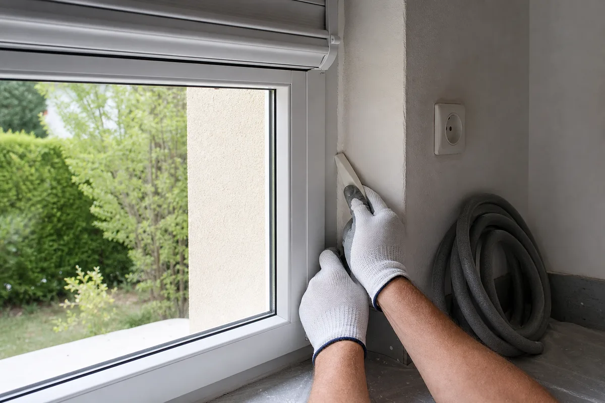 Mains gantées appliquant un mastic d&rsquo;étanchéité en périphérie d&rsquo;une fenêtre récemment posée