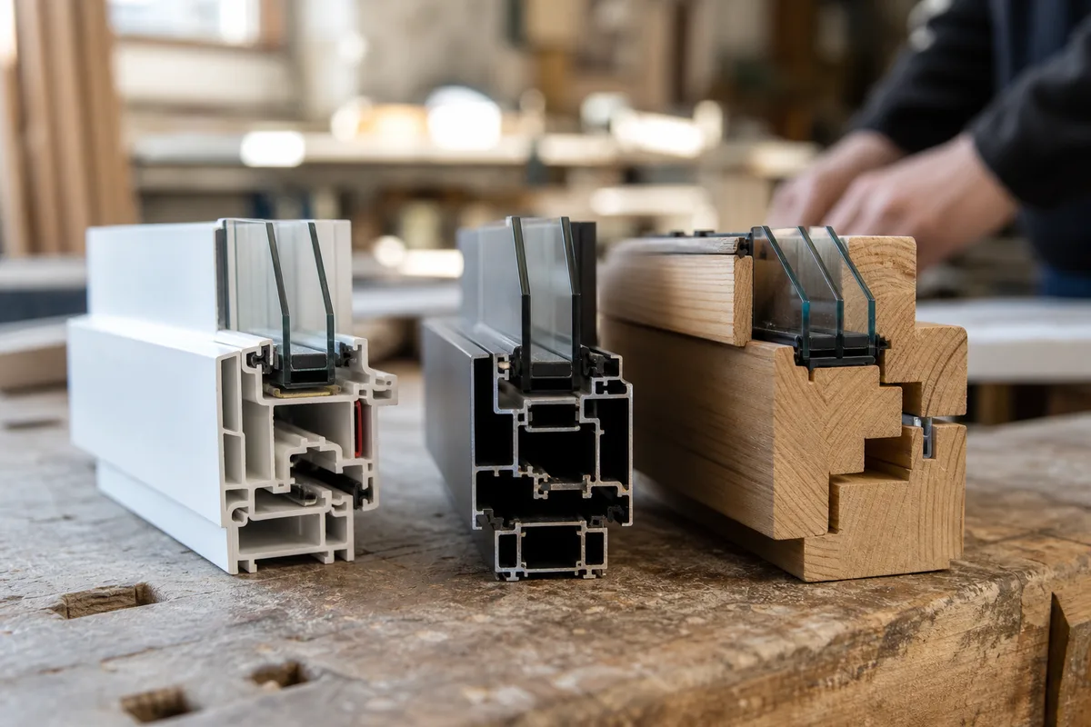 Profilés de fenêtres en coupe posés côte à côte sur un établi d’atelier