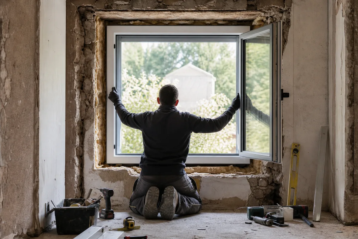 Menuisier posant une fenêtre en applique sur un chantier de rénovation, lumière naturelle