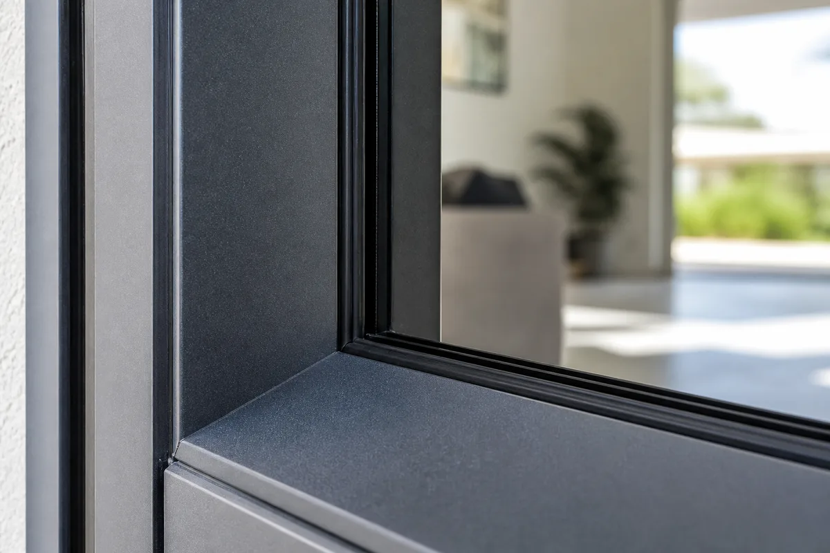 Profilé de fenêtre aluminium gris anthracite en gros plan avec joint d’étanchéité visible