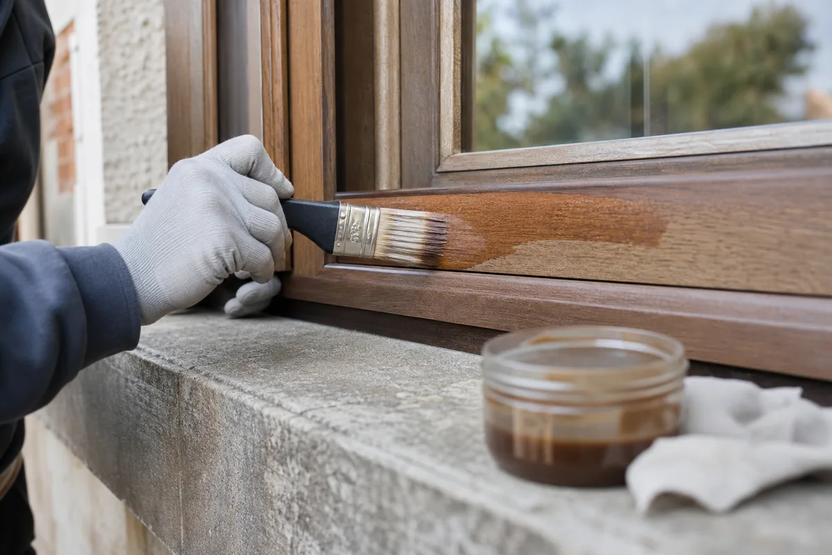 menuisier appliquant une lasure sur un dormant de fenêtre en bois