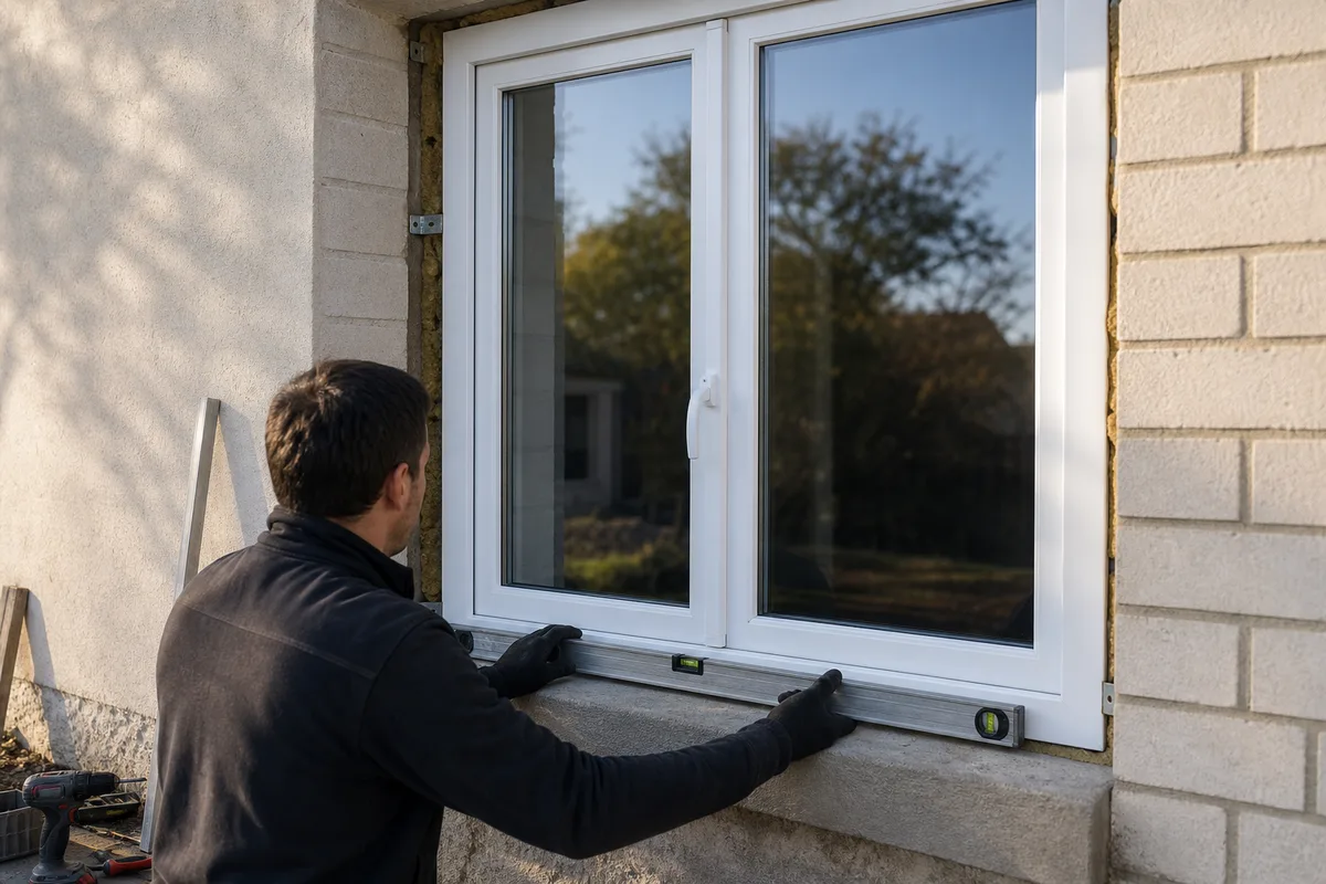 Fenêtre PVC blanche en cours de pose sur une façade de maison, lumière naturelle du matin