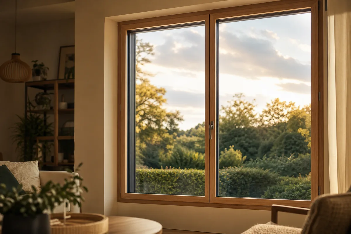 Fenêtre mixte bois-aluminium vue de l’intérieur d’un salon, menuiserie bois côté pièce