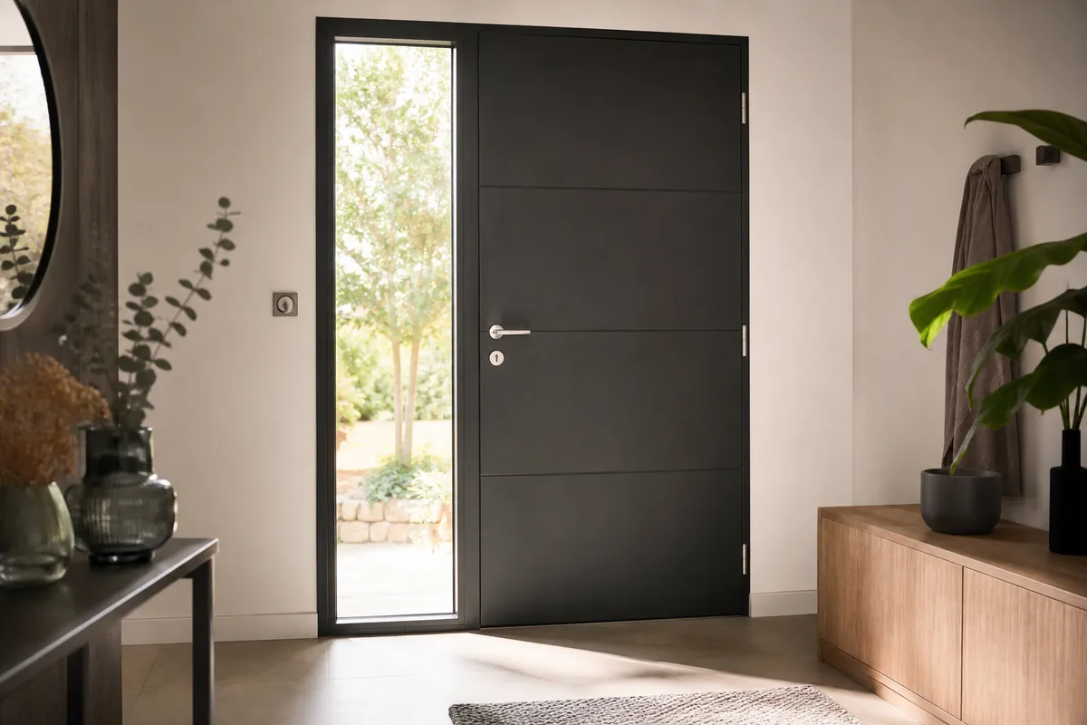 Porte d’entrée aluminium vitrée vue depuis un couloir baigné de lumière naturelle