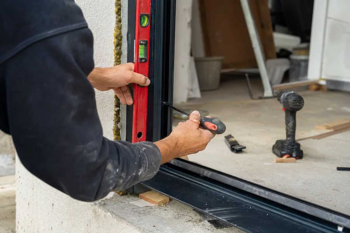 Artisan menuisier ajustant le cadre d’une porte d’entrée lors d’une pose en rénovation