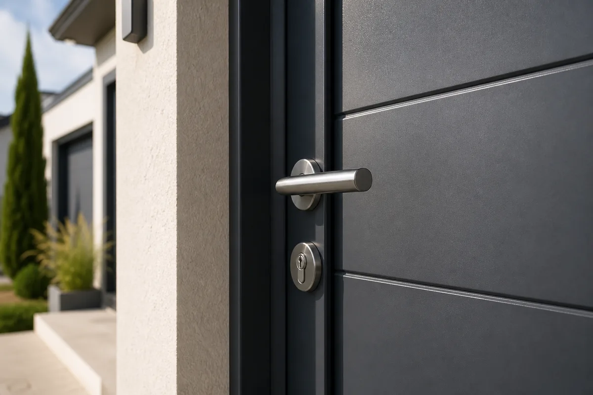 Porte d’entrée aluminium sur façade de maison avec serrure sécurisée