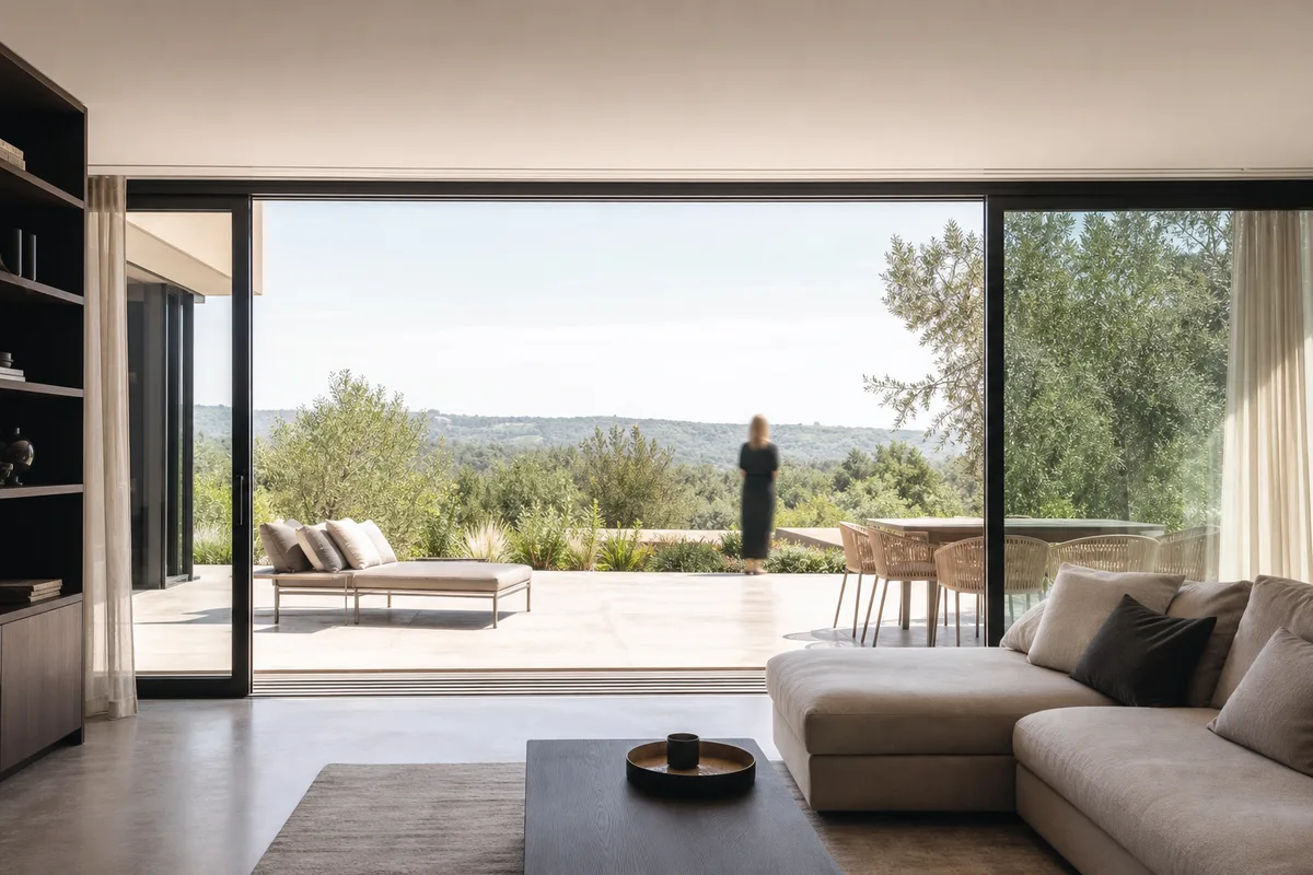 Baie vitrée coulissante aluminium ouverte sur une terrasse ensoleillée