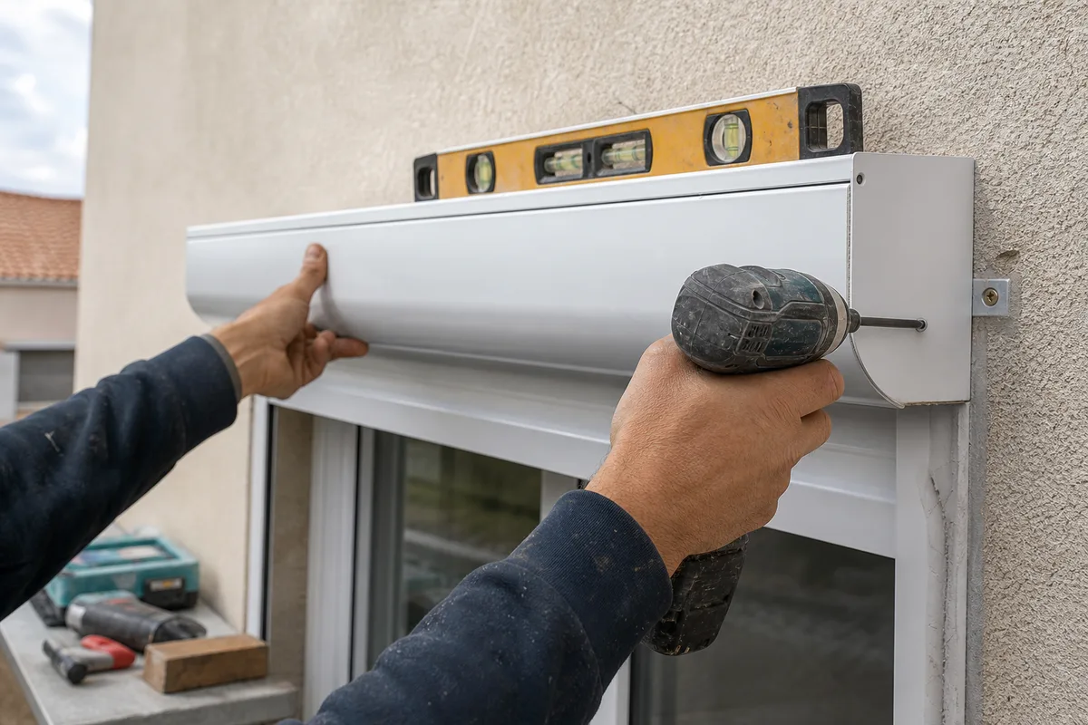 Installateur fixant un coffre de volet roulant sur une façade