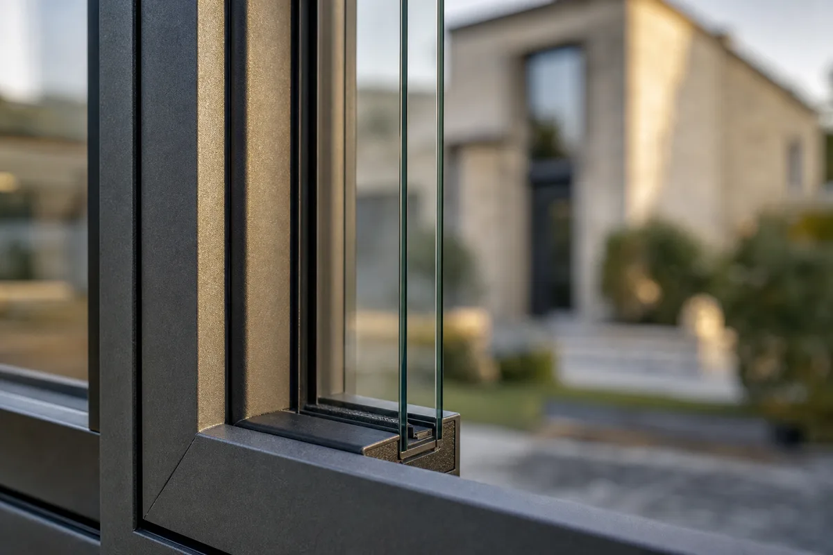 Détail d’une menuiserie aluminium avec joint et vitrage, vue extérieure en lumière naturelle