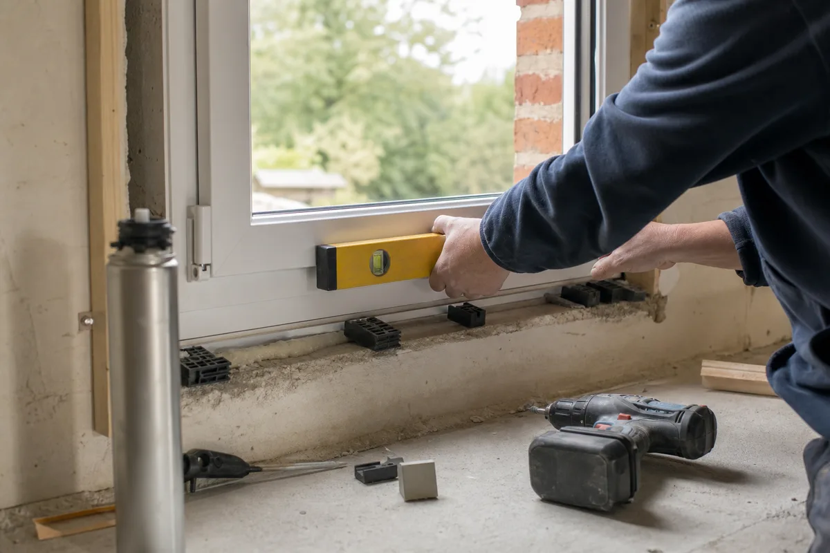 Menuisier ajustant une fenêtre PVC blanche dans une ouverture en rénovation