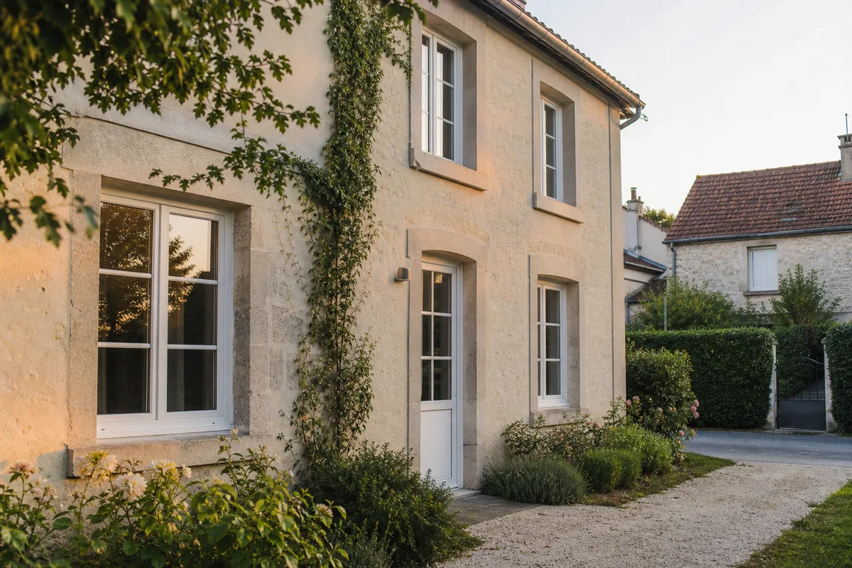 Vue extérieure d’une façade avec fenêtres PVC neuves et lumière naturelle rasante