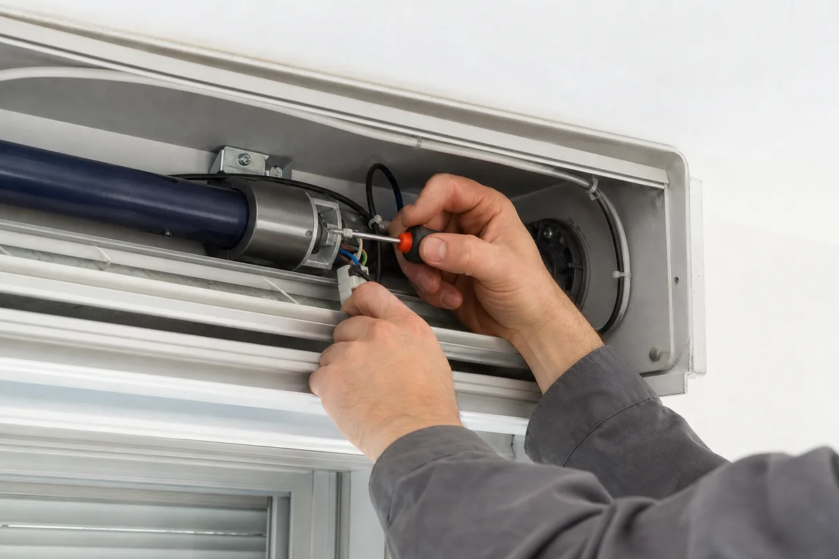 Technicien vérifiant le moteur et le câblage à l’intérieur d’un coffre de volet roulant
