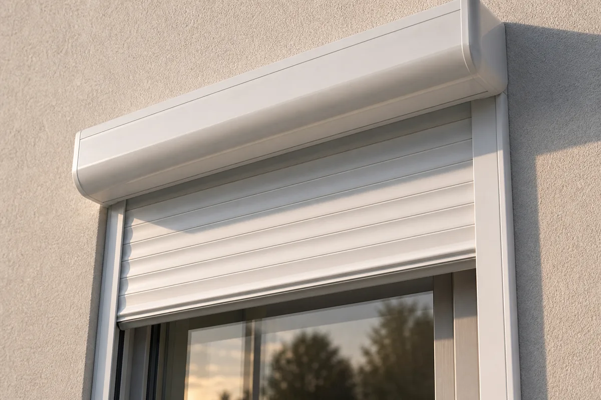 Volet roulant PVC motorisé installé sur une façade de maison, vue extérieure en lumière naturelle